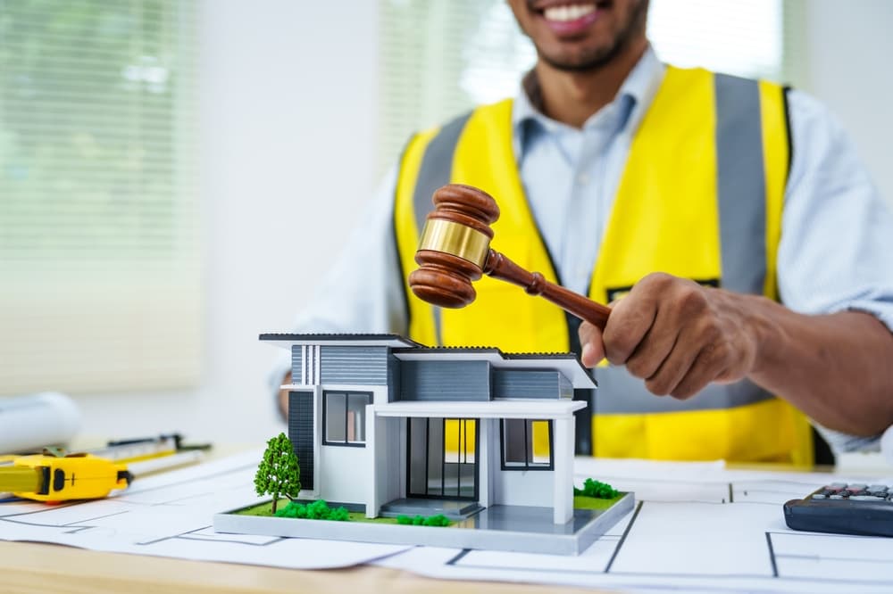 Man holding gavel, looking at model house. Contractor’s Registration impact on Construction Liens in Real Property Development