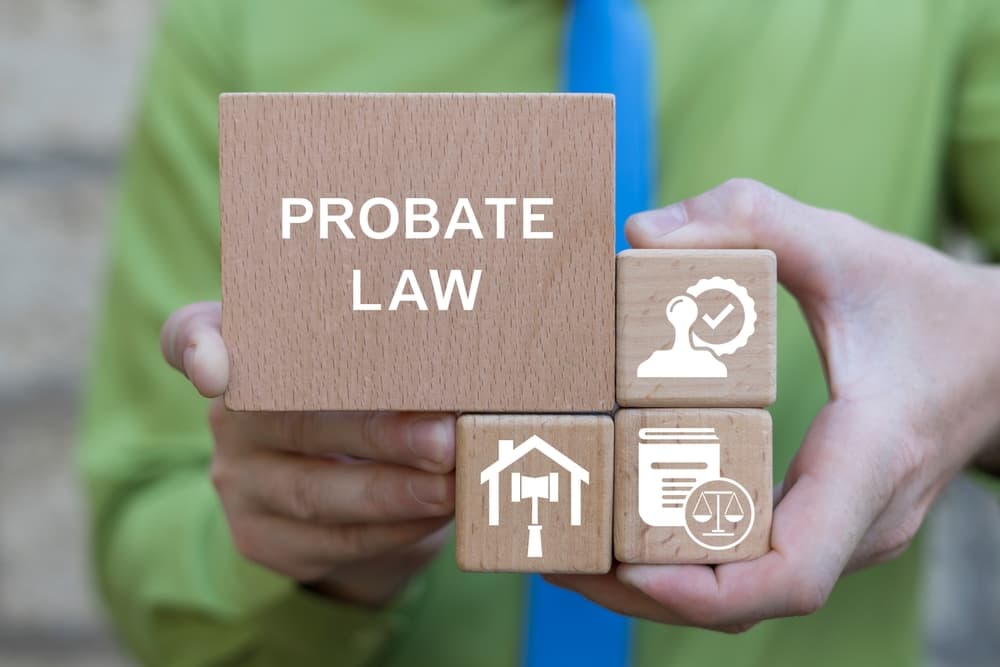 Lawyer holding wooden blocks with icons labeled 'Probate Law.' Represents probate processes involving wealth, property, and court decisions on inheritance.