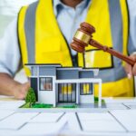 Asian male architect working at a desk with a house model toy, A3 paper blueprints, and documents, focusing on construction, real estate law, zoning, and property dispute resolution.