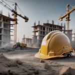 Close-up of an abandoned construction helmet covered in dust, with a deserted construction site featuring unfinished buildings and idle machinery in the background.