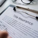 Close-up of a woman filling out a title insurance form on a white desk, with a pen and documents visible